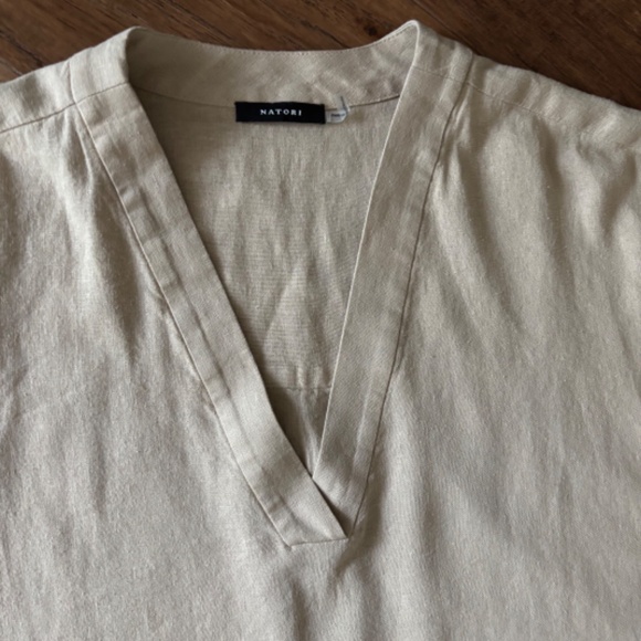 Natori Beige Tan Embroidery Linen V-Neck Dolman Sleeve Tunic Top Women's Size L - Picture 12 of 17